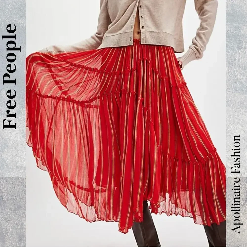 Free People Ember printed Fire Red A-Line MIDI Skirt in Medium NWOT - Picture 1 of 7